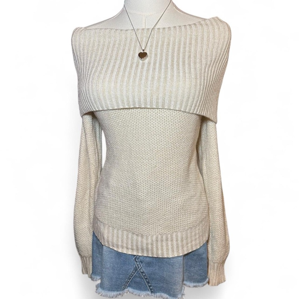 Y2K New York & Company Cream Off-the-Shoulder Ribbed Knit Sweater Gold Sparkles